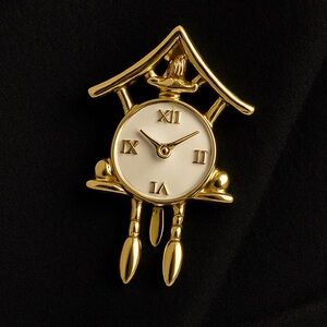 Vintage Roman Cuckoo Clock Brooch – Gold Tone, Mother-of-Pearl Dial